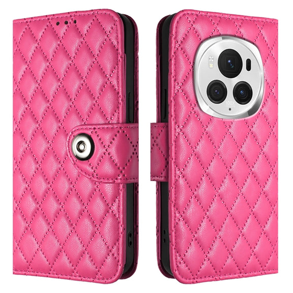 For Honor Magic6 Pro Rhombic Texture Flip Leather Phone Case with Lanyard(Rose Red)