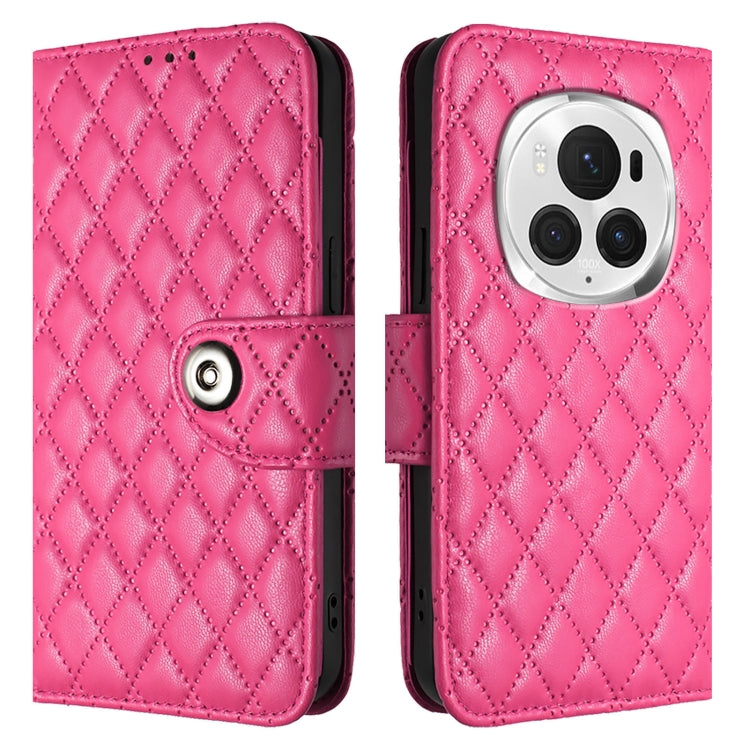 For Honor Magic6 Pro Rhombic Texture Flip Leather Phone Case with Lanyard(Rose Red)