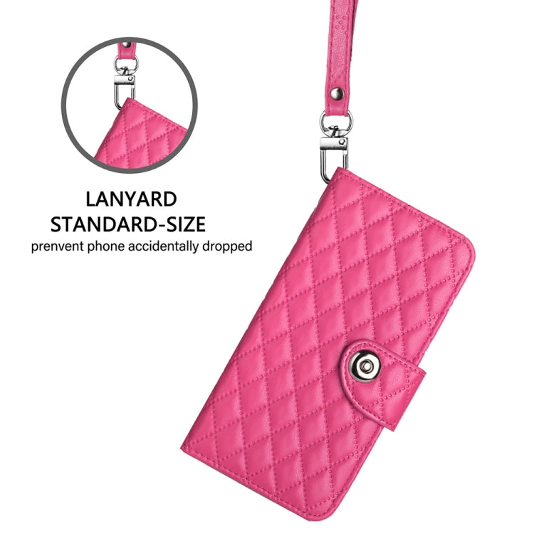 For Honor Magic6 Pro Rhombic Texture Flip Leather Phone Case with Lanyard(Rose Red)