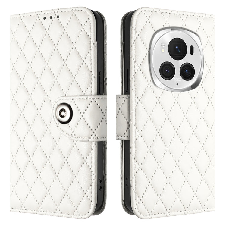 For Honor Magic6 Pro Rhombic Texture Flip Leather Phone Case with Lanyard(White)