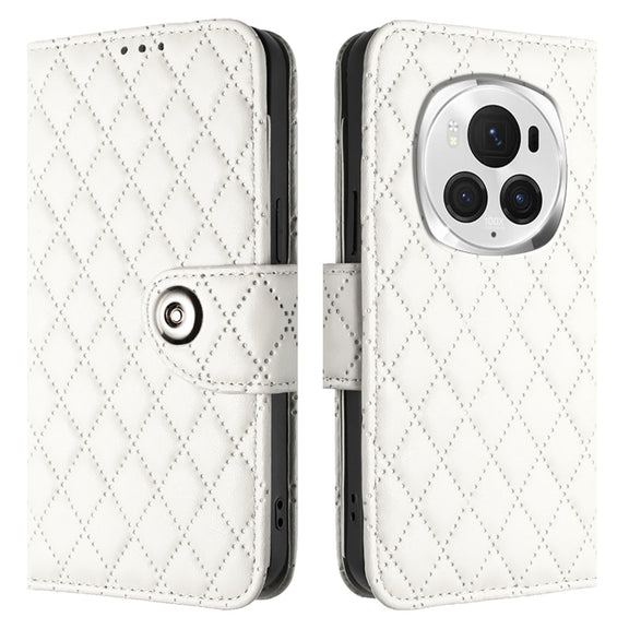For Honor Magic6 Pro Rhombic Texture Flip Leather Phone Case with Lanyard(White)