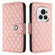 For Honor Magic6 Pro Rhombic Texture Flip Leather Phone Case with Lanyard(Coral Pink)