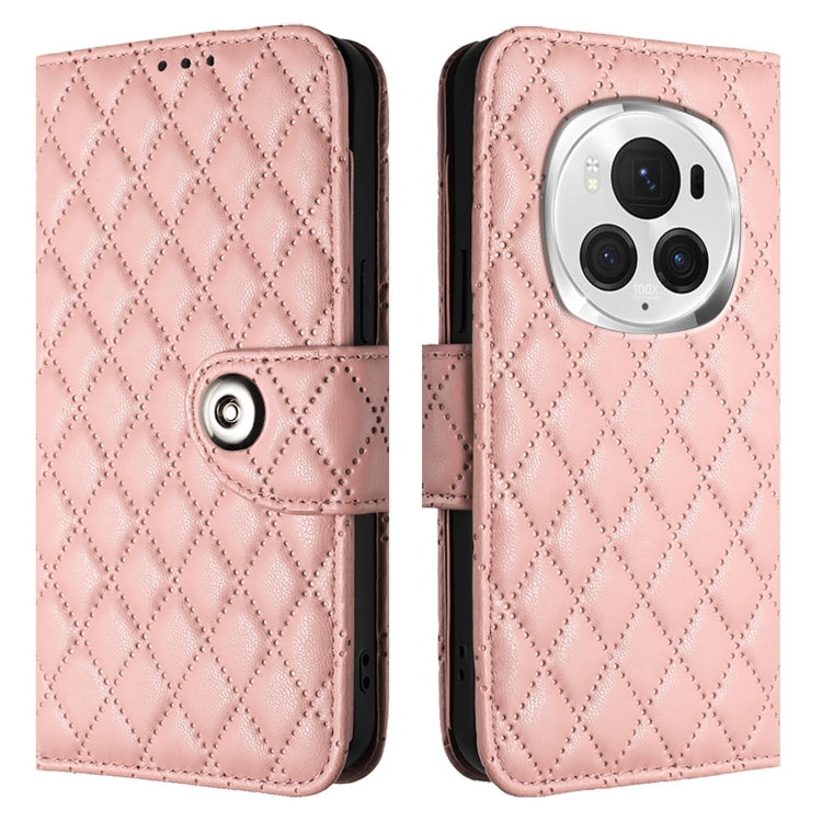 For Honor Magic6 Pro Rhombic Texture Flip Leather Phone Case with Lanyard(Coral Pink)