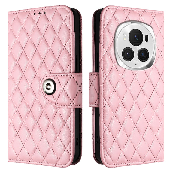 For Honor Magic6 Pro Rhombic Texture Flip Leather Phone Case with Lanyard(Pink)