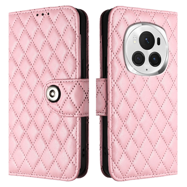 For Honor Magic6 Pro Rhombic Texture Flip Leather Phone Case with Lanyard(Pink)