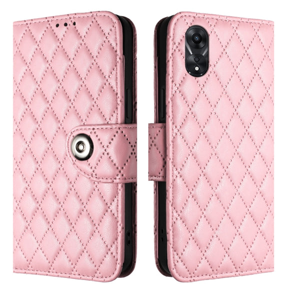 For OPPO A78 5G / A58 5G Rhombic Texture Flip Leather Phone Case with Lanyard(Pink)