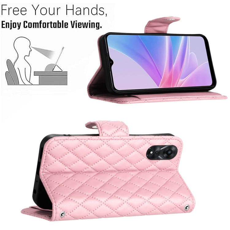 For OPPO A78 5G / A58 5G Rhombic Texture Flip Leather Phone Case with Lanyard(Pink)