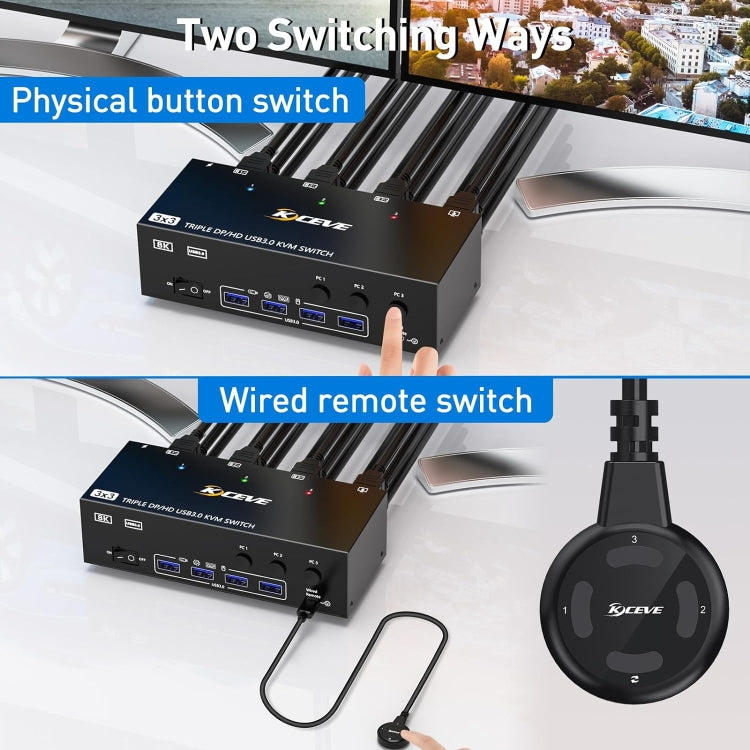 KC-KVM303DH 8K 60Hz USB3.0 DP+DP+HDMI Triple Monitors KVM Switch(US Plug)