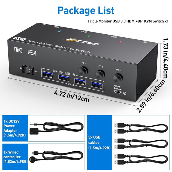 KC-KVM303DH 8K 60Hz USB3.0 DP+DP+HDMI Triple Monitors KVM Switch(EU Plug)