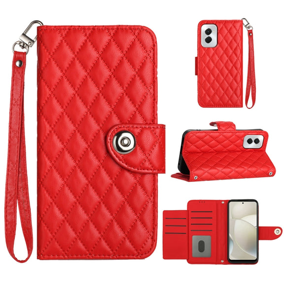 For Motorola Moto G Power 5G 2024 Rhombic Texture Flip Leather Phone Case with Lanyard(Red)