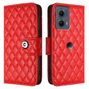 For Motorola Edge 2024 Rhombic Texture Flip Leather Phone Case with Lanyard(Red)