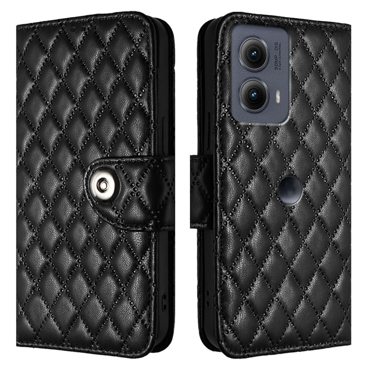 For Motorola Edge 2024 Rhombic Texture Flip Leather Phone Case with Lanyard(Black)