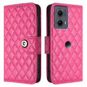 For Motorola Edge 2024 Rhombic Texture Flip Leather Phone Case with Lanyard(Rose Red)