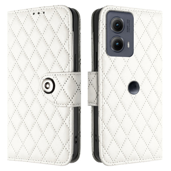 For Motorola Edge 2024 Rhombic Texture Flip Leather Phone Case with Lanyard(White)