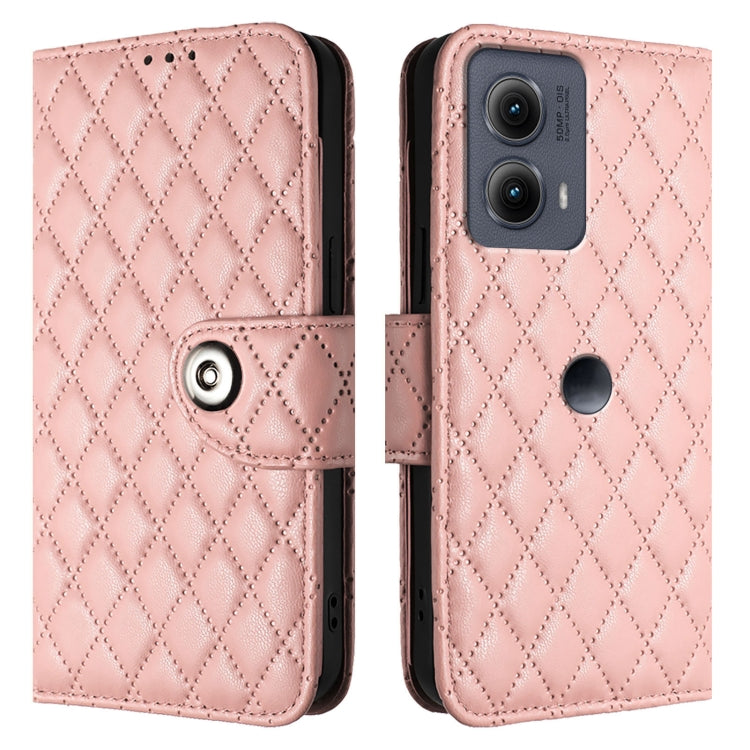 For Motorola Edge 2024 Rhombic Texture Flip Leather Phone Case with Lanyard(Coral Pink)