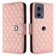 For Motorola Edge 2024 Rhombic Texture Flip Leather Phone Case with Lanyard(Coral Pink)