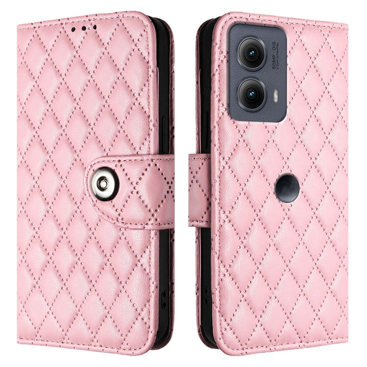 For Motorola Edge 2024 Rhombic Texture Flip Leather Phone Case with Lanyard(Pink)