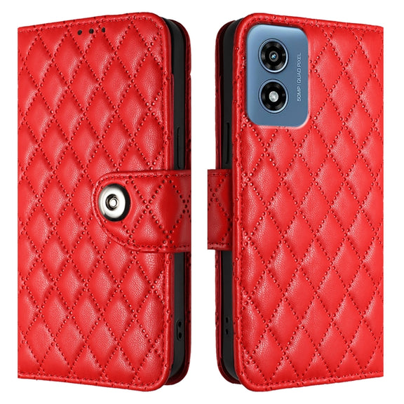 For Motorola Moto G Play 5G 2024 Rhombic Texture Flip Leather Phone Case with Lanyard(Red)