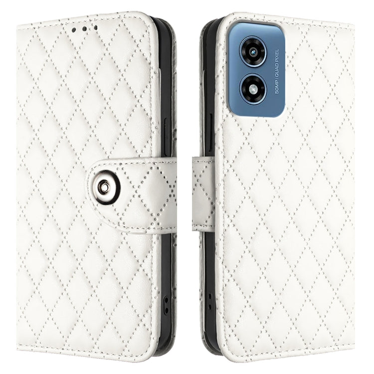For Motorola Moto G Play 5G 2024 Rhombic Texture Flip Leather Phone Case with Lanyard(White)