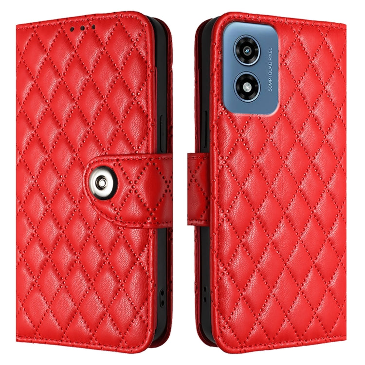 For Motorola Moto G 5G 2024 Global Rhombic Texture Flip Leather Phone Case with Lanyard(Red)