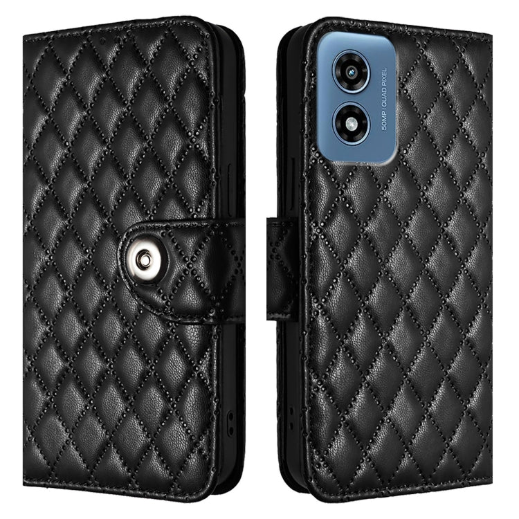 For Motorola Moto G 5G 2024 Global Rhombic Texture Flip Leather Phone Case with Lanyard(Black)