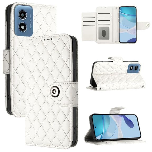 For Motorola Moto G 5G 2024 Global Rhombic Texture Flip Leather Phone Case with Lanyard(White)