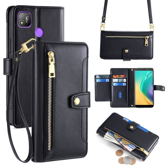 For Tecno Pop 4 Sheep Texture Cross-body Zipper Wallet Leather Phone Case(Black)
