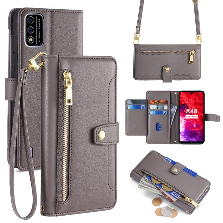 Foritel A48 Sheep Texture Cross-body Zipper Wallet Leather Phone Case(Grey)