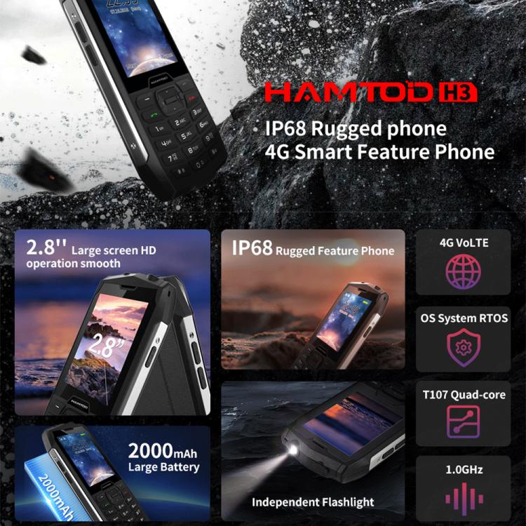 HAMTOD H3 Rugged Phone, EU Version, 2.8 inch T107 ARM CortexTM A7 Quad-core 1.0GHz, Network: 4G, VoLTE, BT, SOS(Silver)