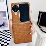For OPPO Find N3 Flip Pearlescent Paint Diamond Shaped Checkered Leather Phone Case(Brown)