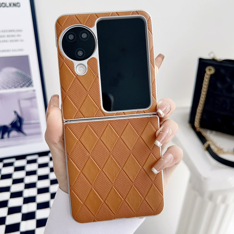 For OPPO Find N3 Flip Pearlescent Paint Diamond Shaped Checkered Leather Phone Case(Brown)