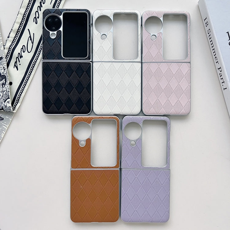 For OPPO Find N3 Flip Pearlescent Paint Diamond Shaped Checkered Leather Phone Case(Brown)