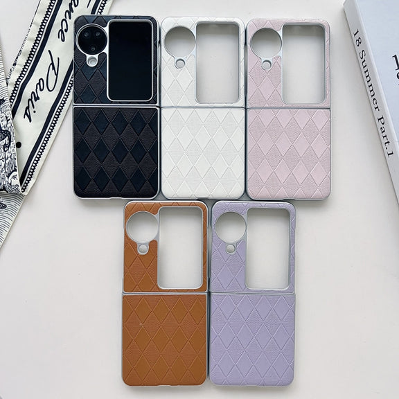 For OPPO Find N3 Flip Pearlescent Paint Diamond Shaped Checkered Leather Phone Case(Brown)