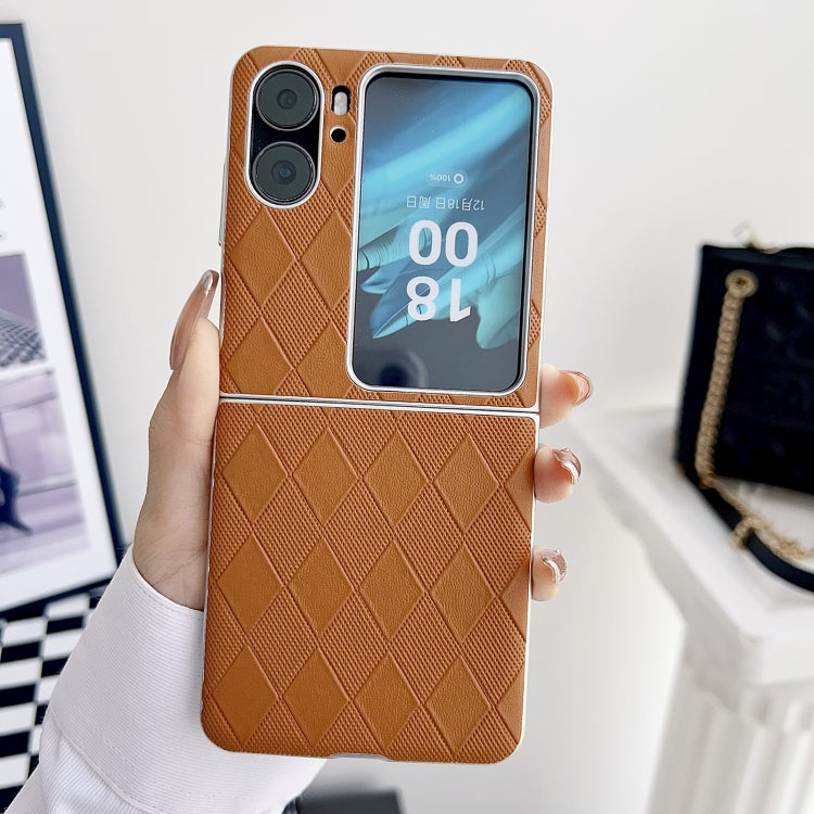 For OPPO Find N2 Flip Pearlescent Paint Diamond Shaped Checkered Leather Phone Case(Brown)