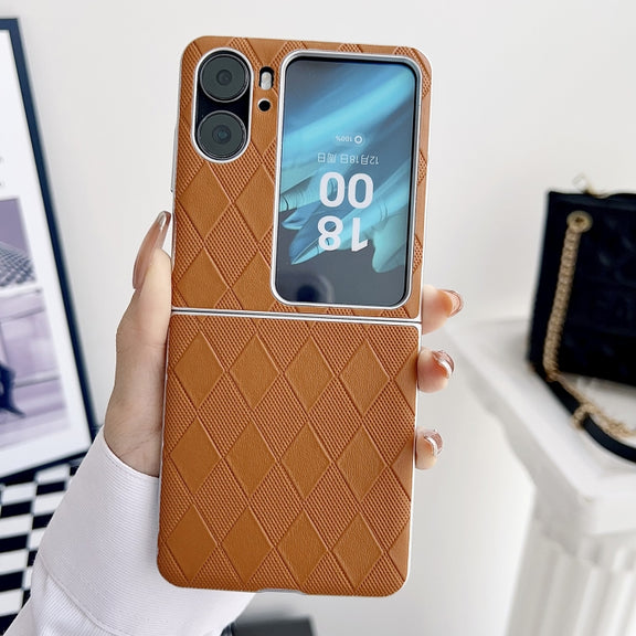 For OPPO Find N2 Flip Pearlescent Paint Diamond Shaped Checkered Leather Phone Case(Brown)