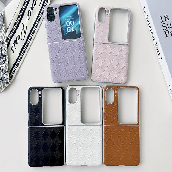 For OPPO Find N2 Flip Pearlescent Paint Diamond Shaped Checkered Leather Phone Case(Brown)
