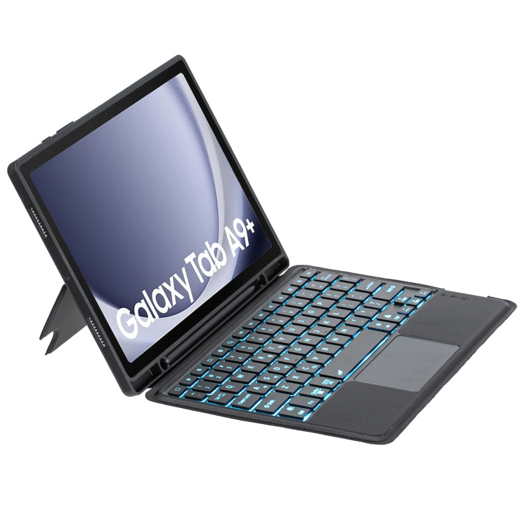 For Samsung Galaxy Tab A9+ X210 TA09B-AS Pen Tray Style Detachable Bluetooth Keyboard Leather Case with Touch Backlight(Black)