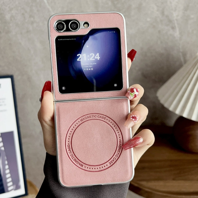For Samsung Galaxy Z Flip5 Skin Feel Leather Texture MagSafe Pearlescent Paint Shockproof Phone Case(Pink)