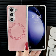For Samsung Galaxy Z Fold5 Skin Feel Leather Texture MagSafe Pearlescent Paint Shockproof Phone Case(Pink)