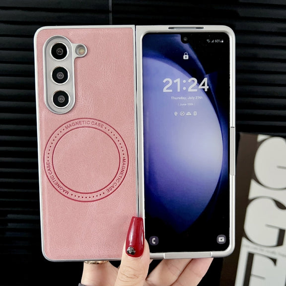 For Samsung Galaxy Z Fold5 Skin Feel Leather Texture MagSafe Pearlescent Paint Shockproof Phone Case(Pink)