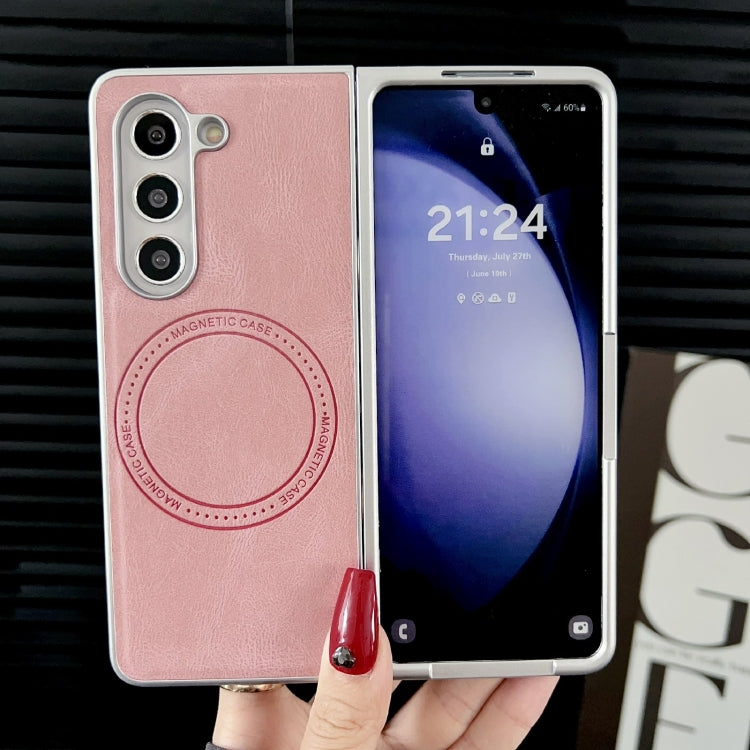 For Samsung Galaxy Z Fold5 Skin Feel Leather Texture MagSafe Pearlescent Paint Shockproof Phone Case(Pink)