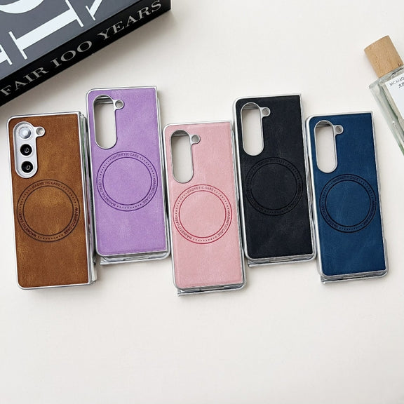 For Samsung Galaxy Z Fold5 Skin Feel Leather Texture MagSafe Pearlescent Paint Shockproof Phone Case(Brown)