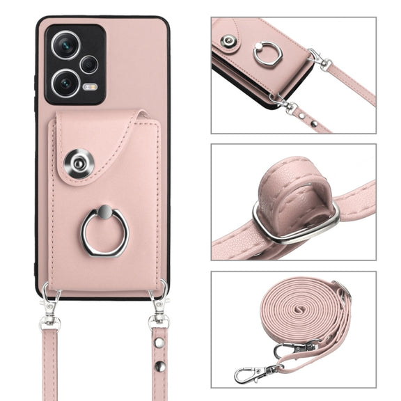 For Xiaomi Redmi Note 12 Pro+ 5G Global Organ Card Bag Ring Holder Phone Case with Long Lanyard(Pink)