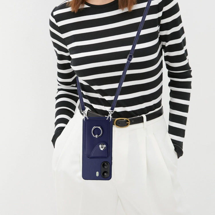 For Xiaomi Redmi 13C 4G / Poco C65 Organ Card Bag Ring Holder Phone Case with Long Lanyard(Blue)