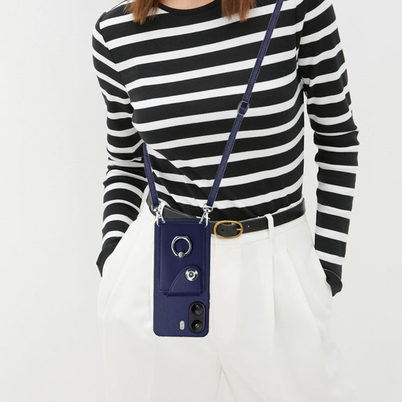 For Xiaomi Redmi 13C 4G / Poco C65 Organ Card Bag Ring Holder Phone Case with Long Lanyard(Blue)