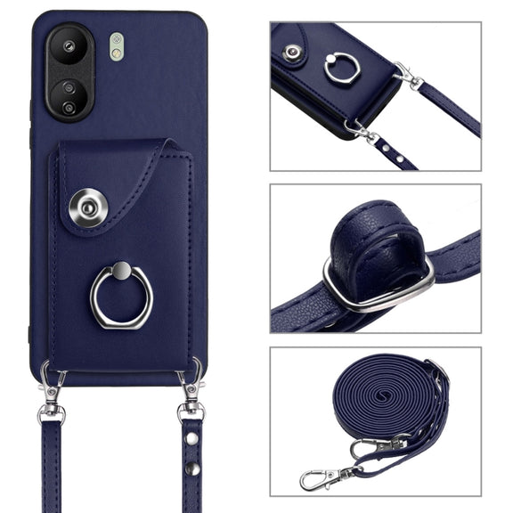 For Xiaomi Redmi 13C 4G / Poco C65 Organ Card Bag Ring Holder Phone Case with Long Lanyard(Blue)