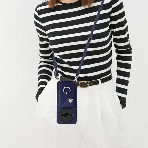 For Xiaomi Redmi A3 4G Organ Card Bag Ring Holder Phone Case with Long Lanyard(Blue)
