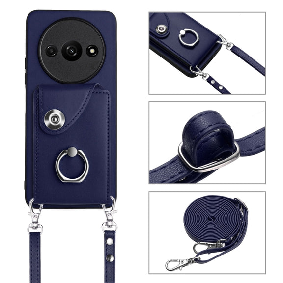 For Xiaomi Redmi A3 4G Organ Card Bag Ring Holder Phone Case with Long Lanyard(Blue)