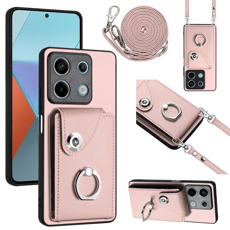 For Xiaomi Redmi Note 13 5G Global Organ Card Bag Ring Holder Phone Case with Long Lanyard(Pink)