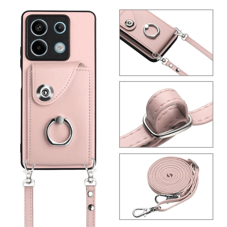 For Xiaomi Redmi Note 13 5G Global Organ Card Bag Ring Holder Phone Case with Long Lanyard(Pink)